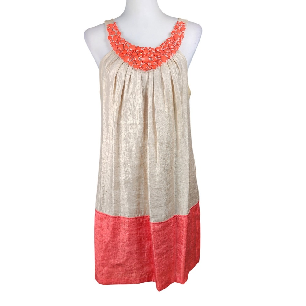 Alexia Admor Halter Dress Womens Medium Gold Coral Metallic Colorblock‎ Beaded